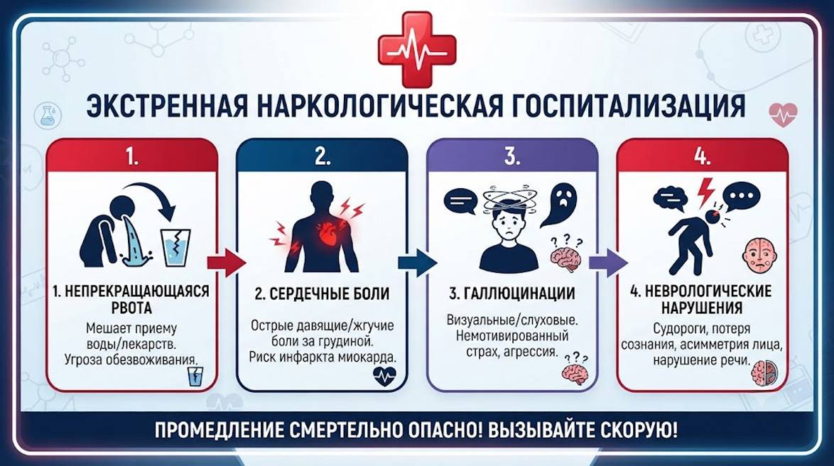 Инфографика: 4 опасных симптома, при которых необходима экстренная наркологическая госпитализация