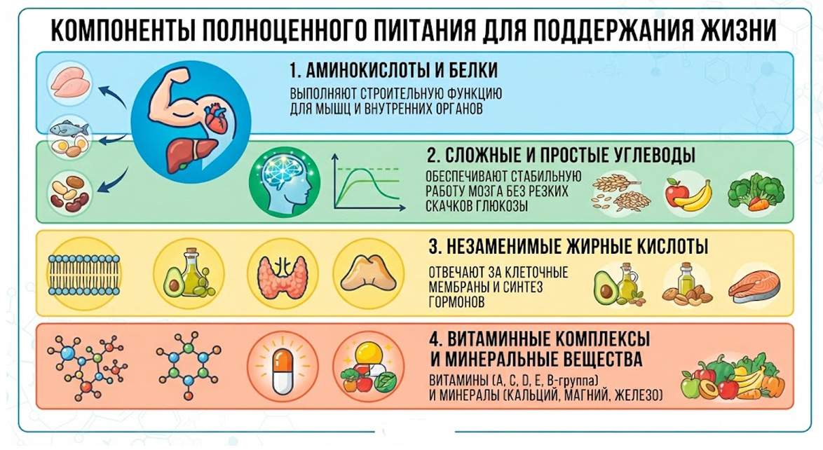 Инфографика, иллюстрирующая компоненты полноценного питания