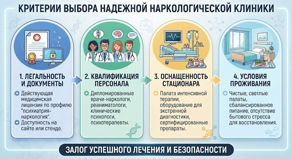 Инфографика: 4 критерия выбора надежной наркологической клиники