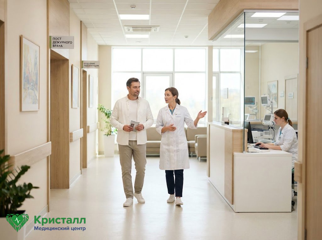 Врач и пациент идут по светлому коридору современной наркологической клиники.