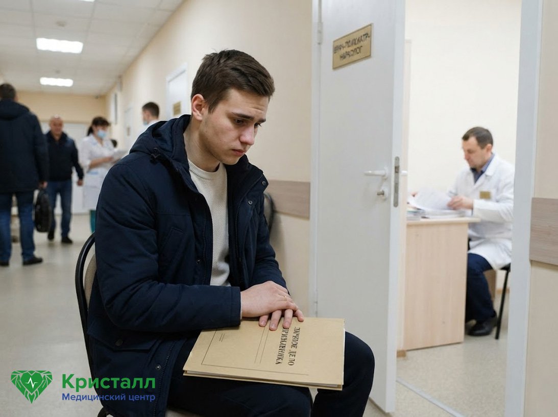 Молодой призывник на медицинской комиссии у кабинета врача-психиатра-нарколога